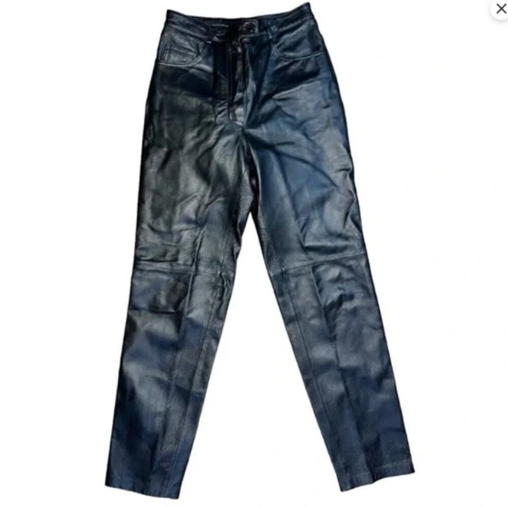 Lew Magram Collection Black 100% Leather Pants 5 Pocket Jeans High Rise Biker 4